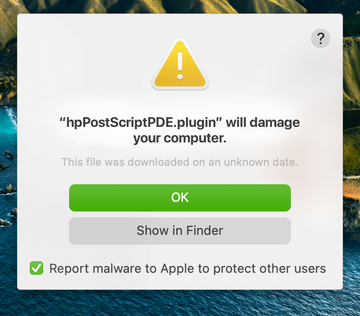‘hpPostScriptPDE.plugin will damage your computer’ alert on Mac