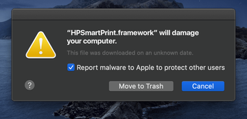 'HPSmartPrint.framework will damage your computer' Mac alert